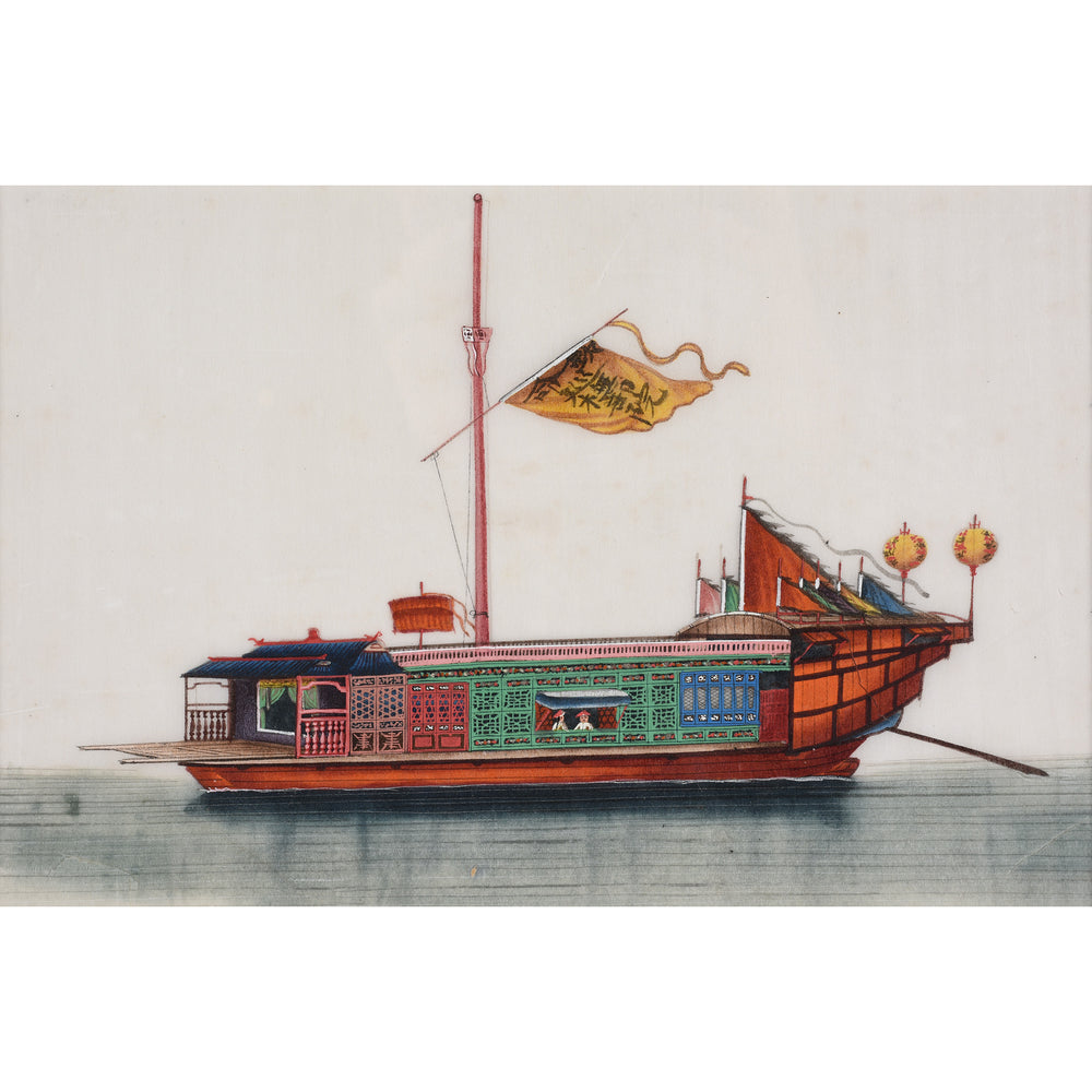Framed Chinese Pith Painting of a Flower Boat - Late 19thC I Indigo Antiques