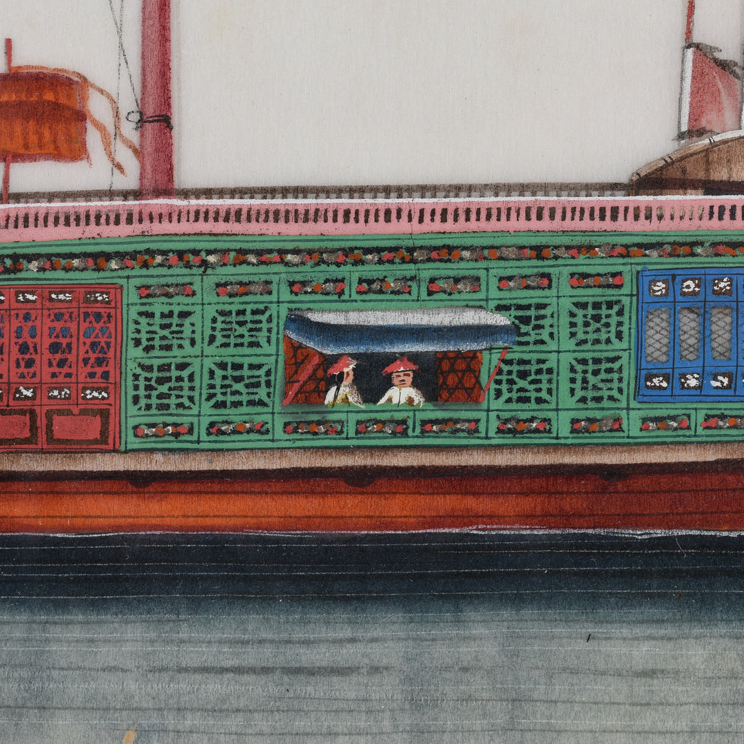 Detail From Framed Chinese Pith Painting of a Flower Boat - Late 19thC I Indigo Antiques