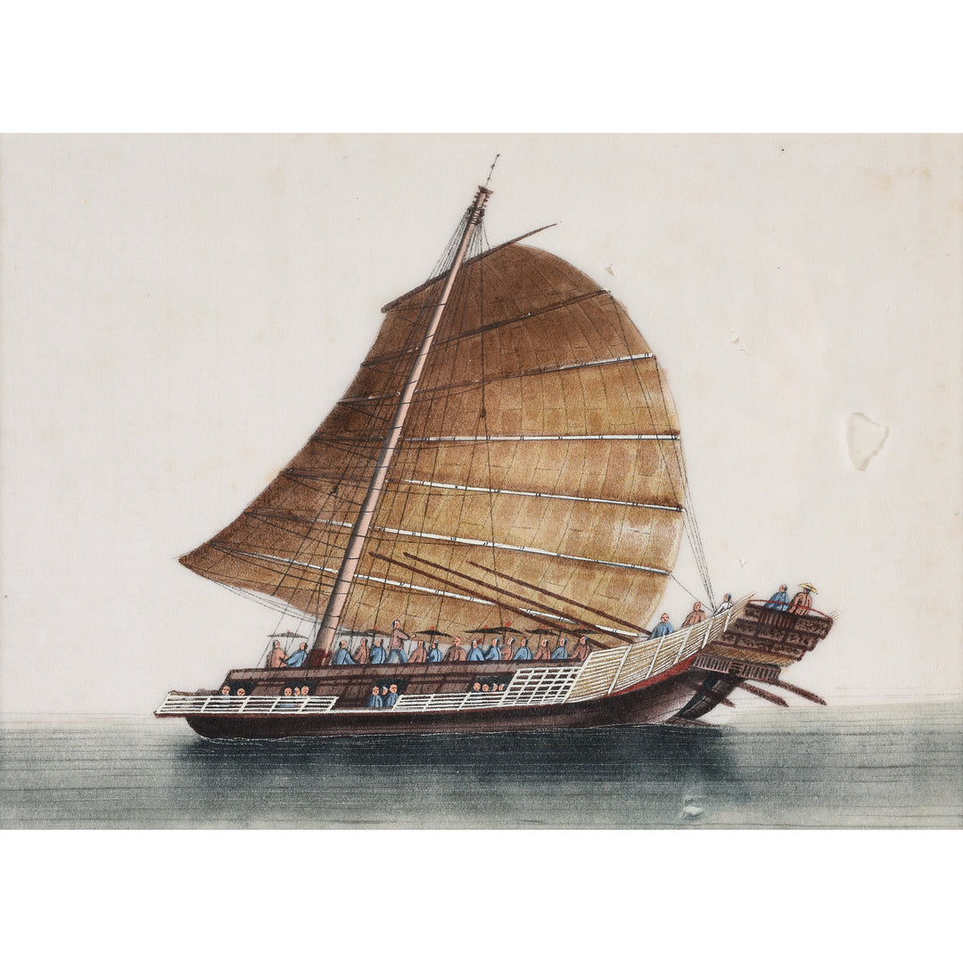 Framed Chinese Pith Painting of a Junk Ship - Late 19thC I Indigo Antiques
