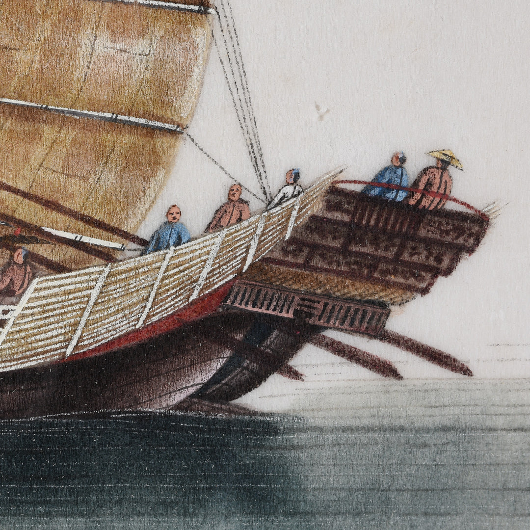 Detail From Framed Chinese Pith Painting of a Junk Ship - Late 19thC I Indigo Antiques