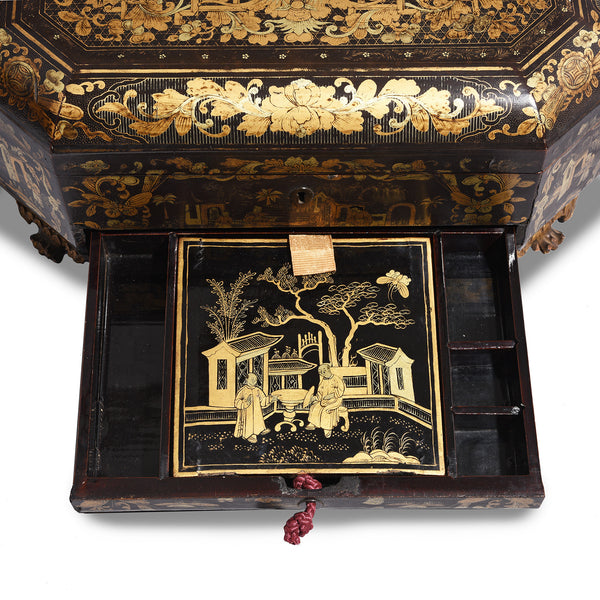 Gilt Black Lacquer Chinoiserie Sewing Box - Early 19th Century