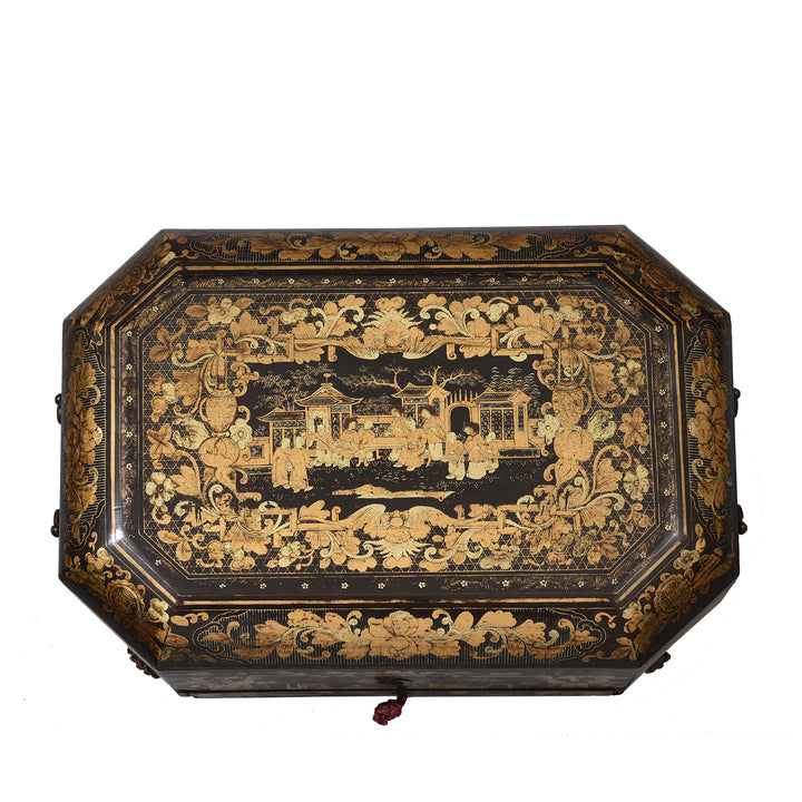Top Down View Of Chinoiserie Lacquer Sewing Box - Qing Dynasty Early 19thC | Indigo Antiques