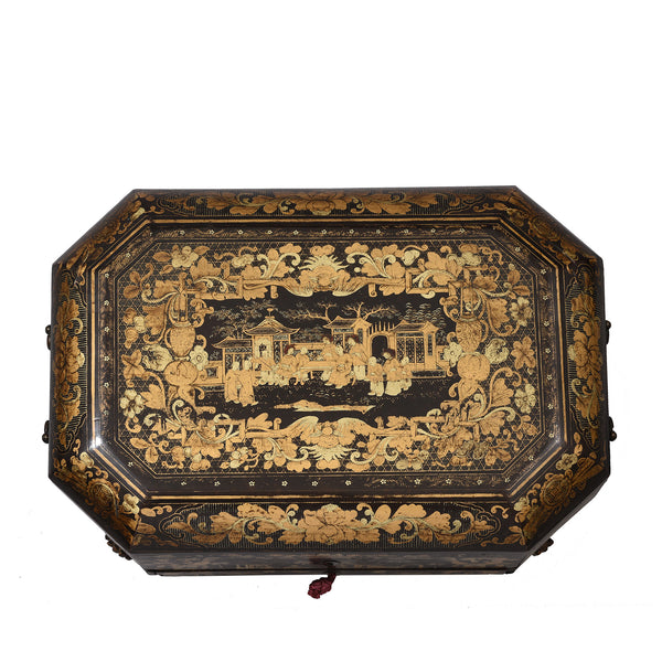 Gilt Black Lacquer Chinoiserie Sewing Box - Early 19th Century