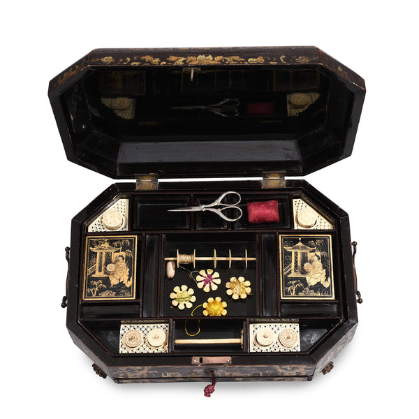 Gilt Black Lacquer Chinoiserie Sewing Box - Early 19th Century