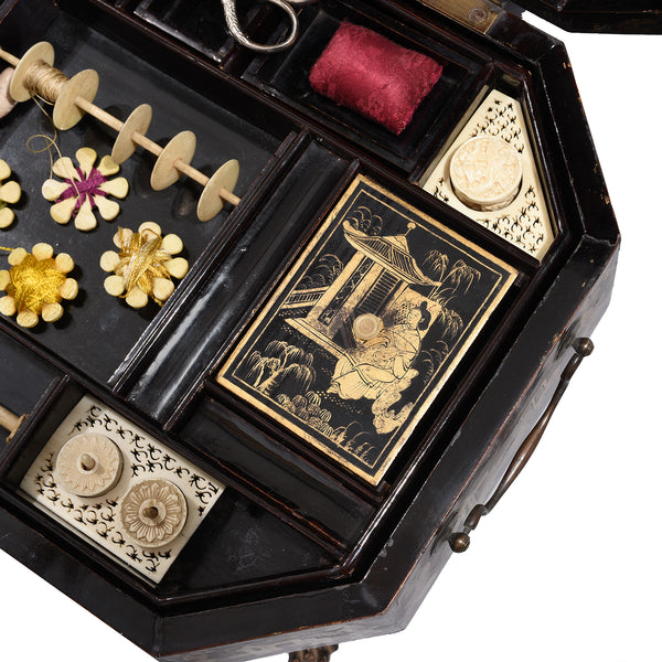 Gilt Black Lacquer Chinoiserie Sewing Box - Early 19th Century