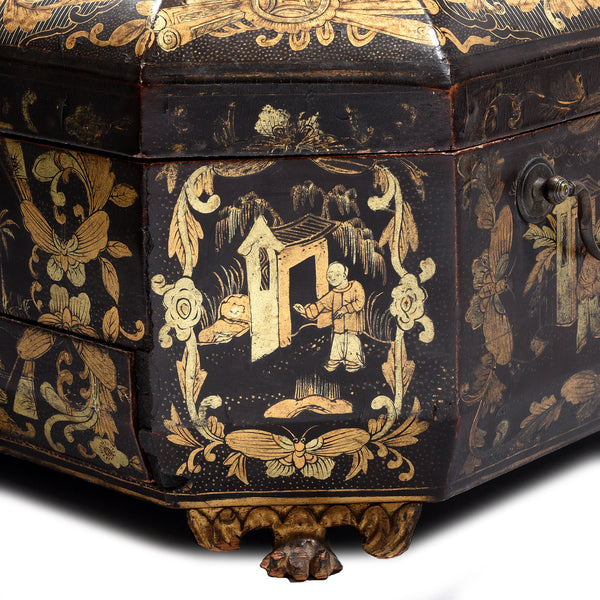 Gilt Black Lacquer Chinoiserie Sewing Box - Early 19th Century