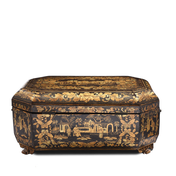 Gilt Black Lacquer Chinoiserie Sewing Box - Early 19th Century