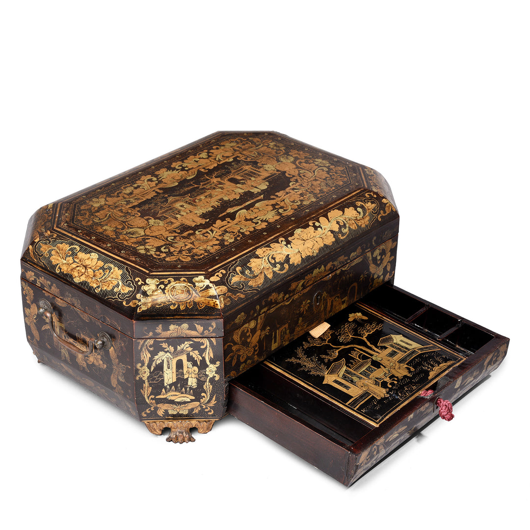 Angled View Of Chinoiserie Lacquer Sewing Box - Qing Dynasty Early 19thC | Indigo Antiques