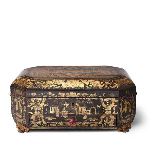 Gilt Black Lacquer Chinoiserie Sewing Box - Early 19th Century