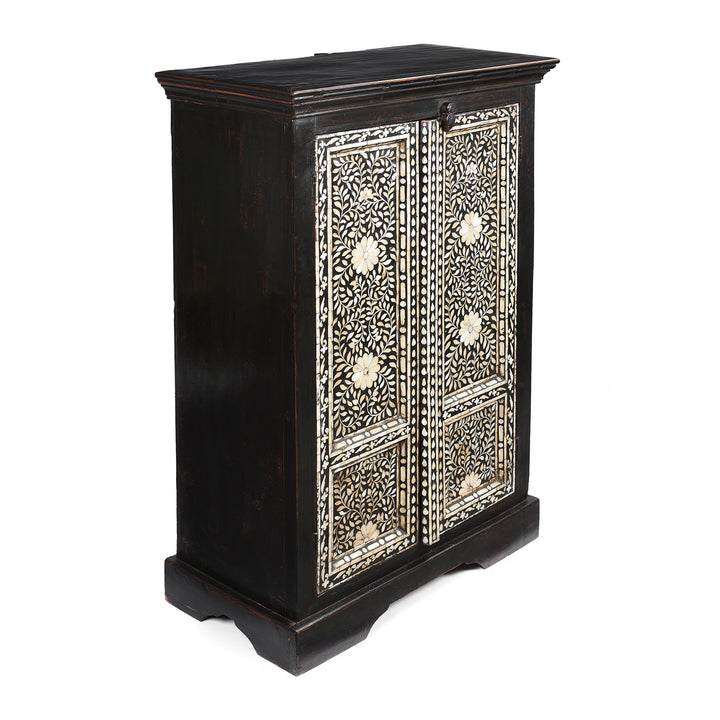 Angled View Of Vintage Mother of Pearl Inlay Bedside Cabinet from Rajasthan | Indigo Antiques