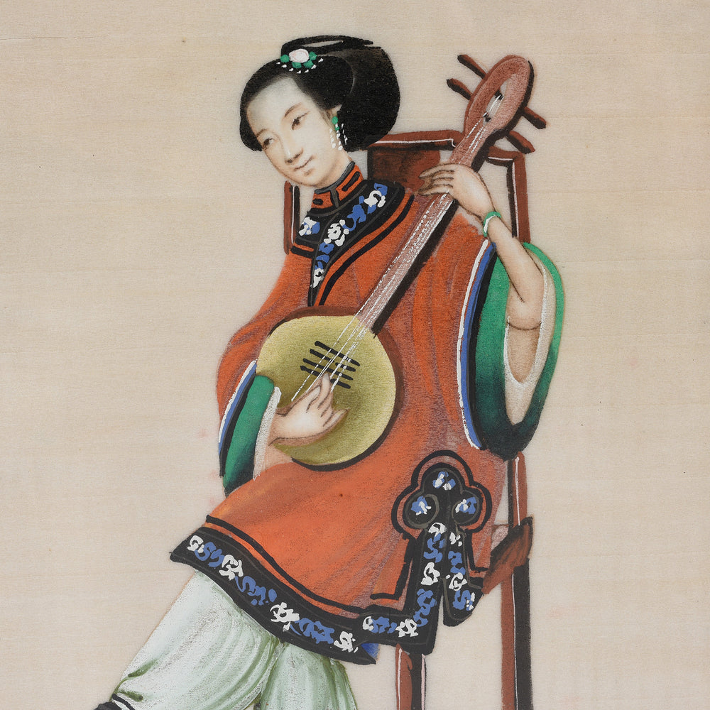 Detail From Antique Framed Watercolour Painting of A Musician on Pith Paper - 19th Century I Indigo Antiques