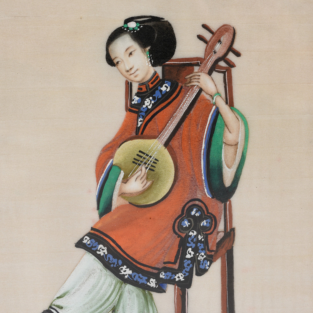 Detail From Antique Framed Watercolour Painting of A Musician on Pith Paper - 19th Century I Indigo Antiques