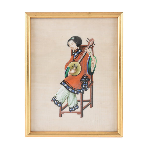 Framed Watercolour Painting of A Musician on Pith Paper - 19th Century