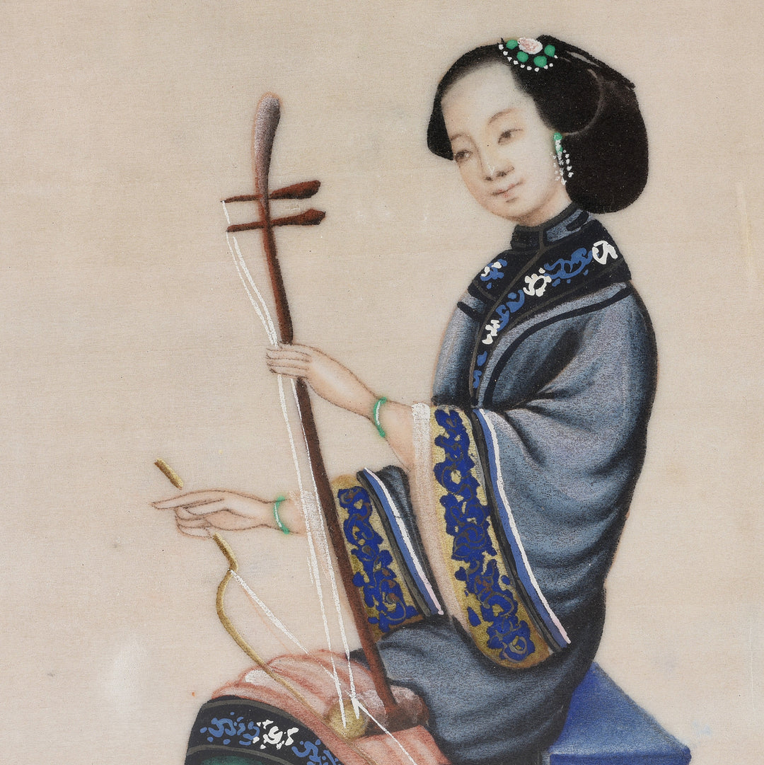 Detail From Antique Framed Watercolour Painting of A Musician on Pith Paper - 19th Century I Indigo Antiques
