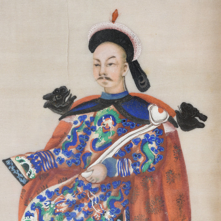 Detail From Antique Framed Watercolour Painting of A Dignitary on Pith Paper - 19th Century I Indigo Antiques