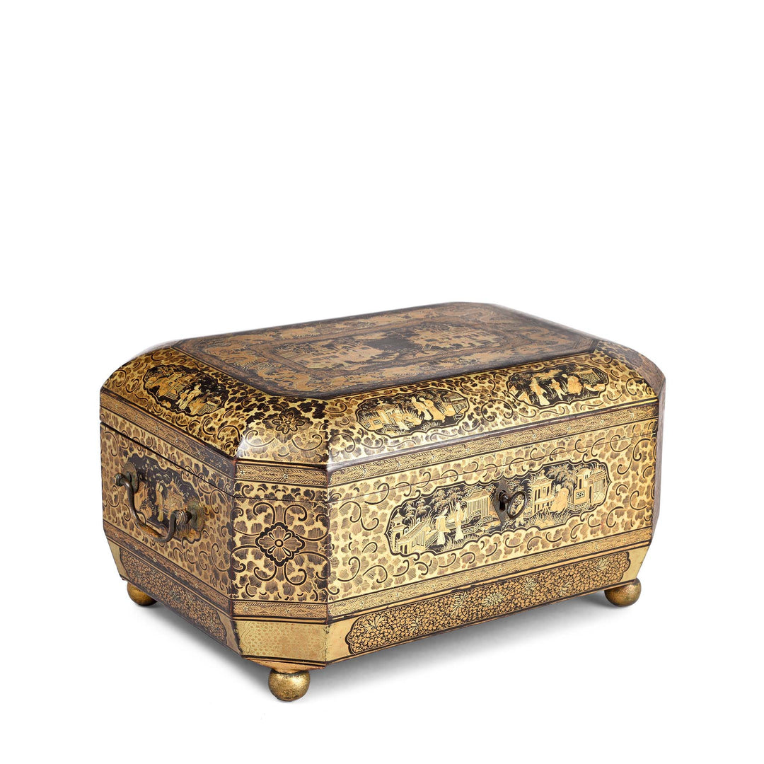 Angled View Of Chinoiserie Lacquer Sewing Box - Qing Dynasty Early 19thC | Indigo Antiques