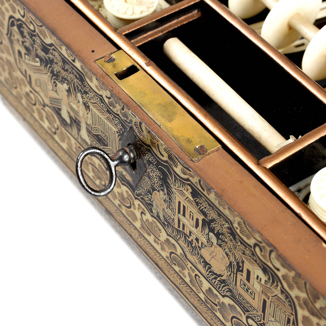 Key Detail From Chinoiserie Lacquer Sewing Box - Qing Dynasty Early 19thC | Indigo Antiques