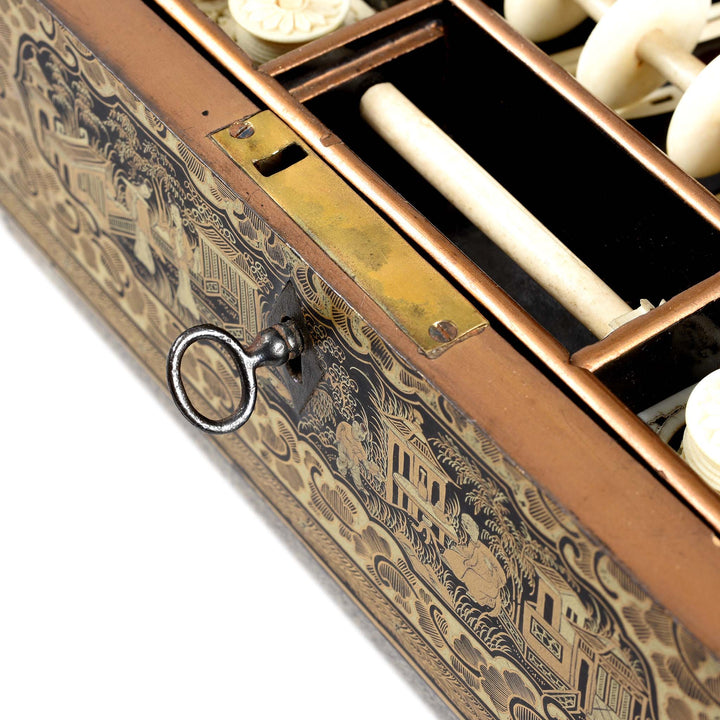 Key Detail From Chinoiserie Lacquer Sewing Box - Qing Dynasty Early 19thC | Indigo Antiques