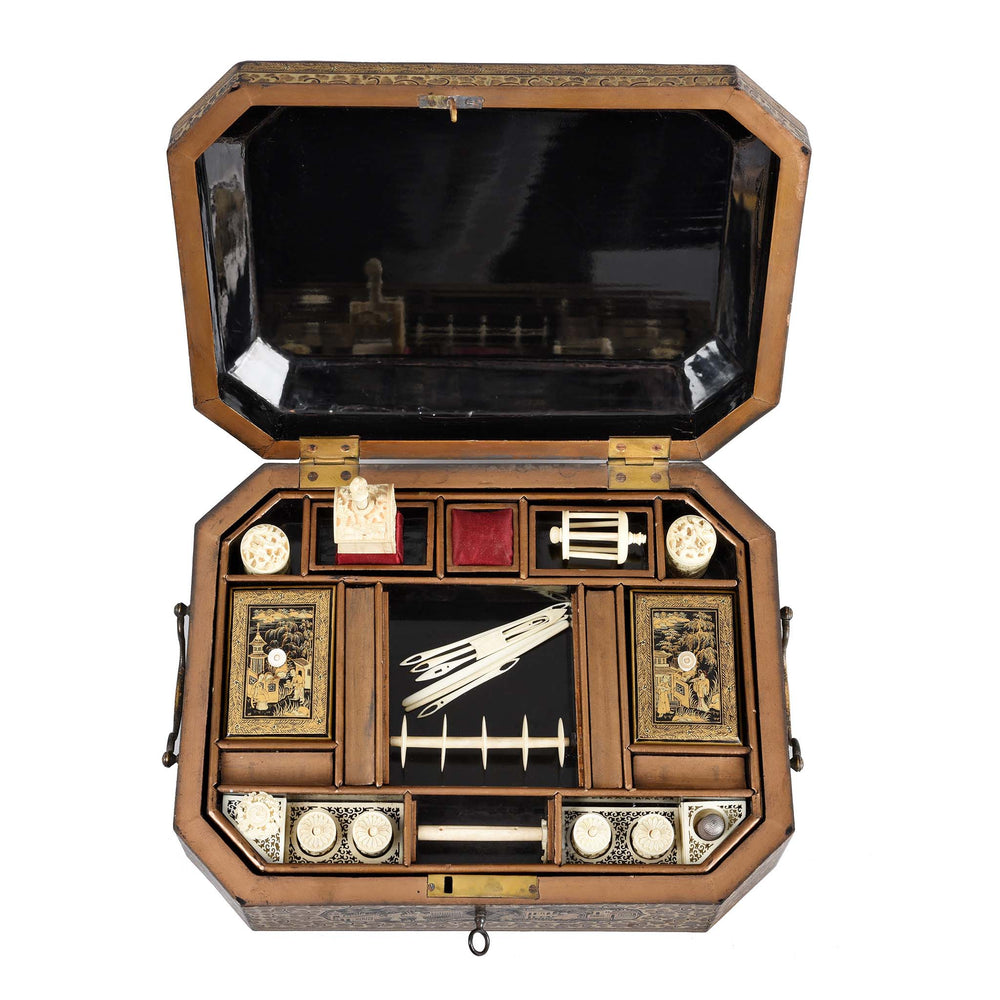 Open View Of Chinoiserie Lacquer Sewing Box - Qing Dynasty Early 19thC | Indigo Antiques