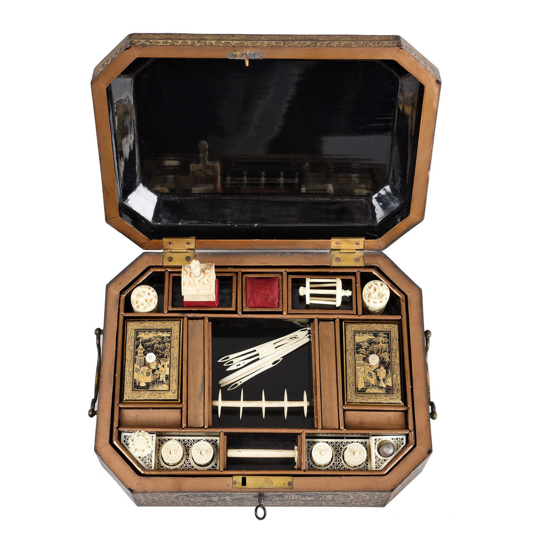Open View Of Chinoiserie Lacquer Sewing Box - Qing Dynasty Early 19thC | Indigo Antiques