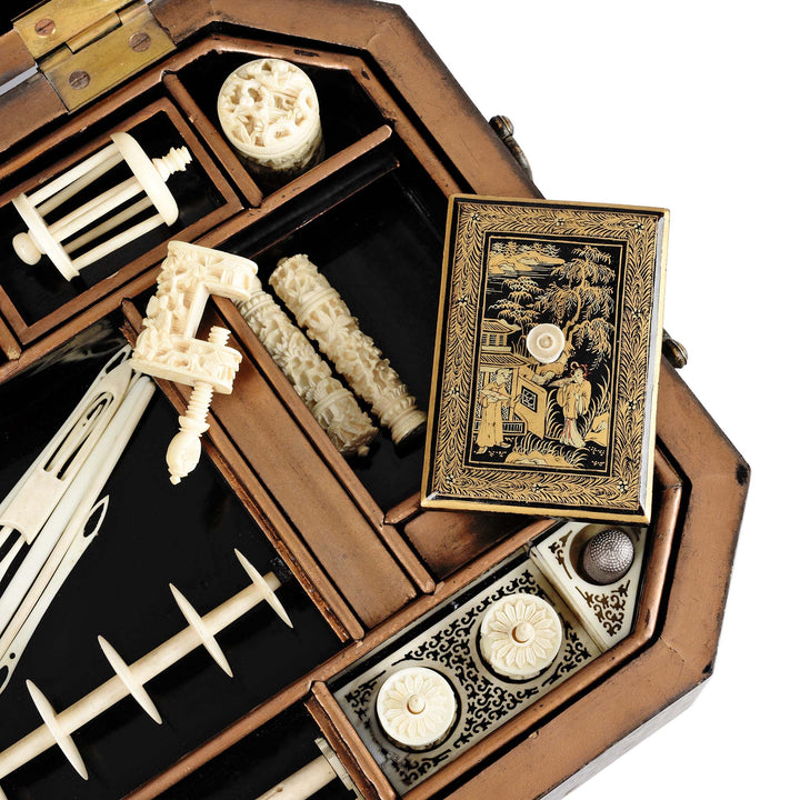 Contents Detail From Chinoiserie Lacquer Sewing Box - Qing Dynasty Early 19thC | Indigo Antiques