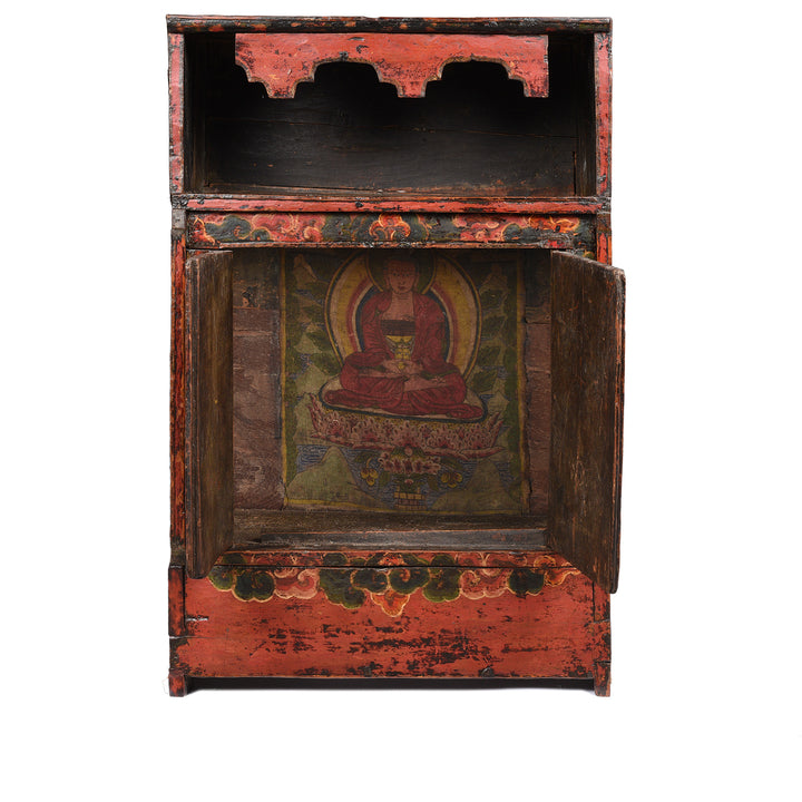 Open Doors View Of Antique Painted Tibetan Altar Cupboard - 19thC | Indigo Antiques