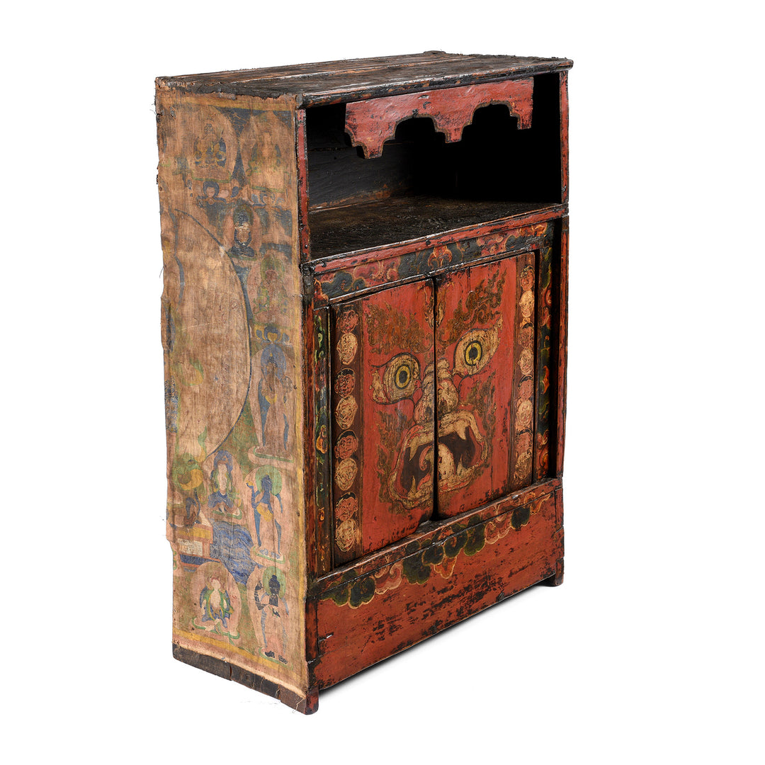 Angled View Of Antique Painted Tibetan Altar Cupboard - 19thC | Indigo Antiques