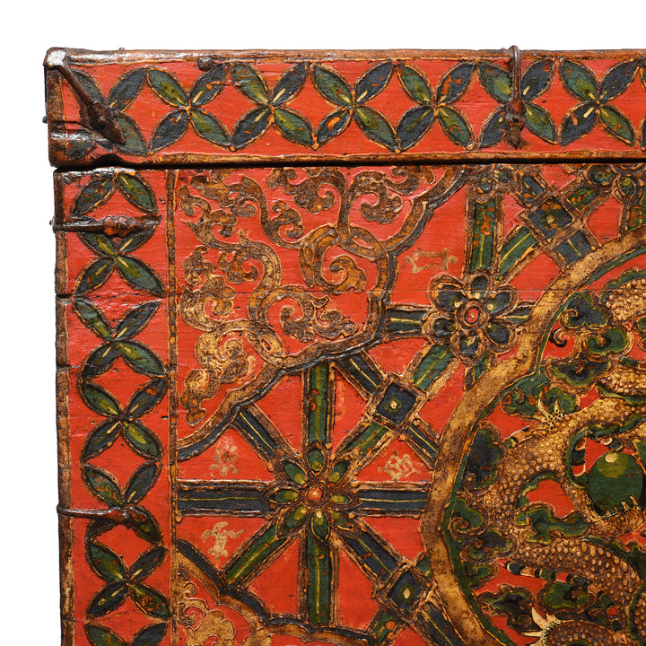 Corner Detail From Antique Painted Tibetan 'Double Dragon' Storage Chest - 17thC | Indigo Antiques