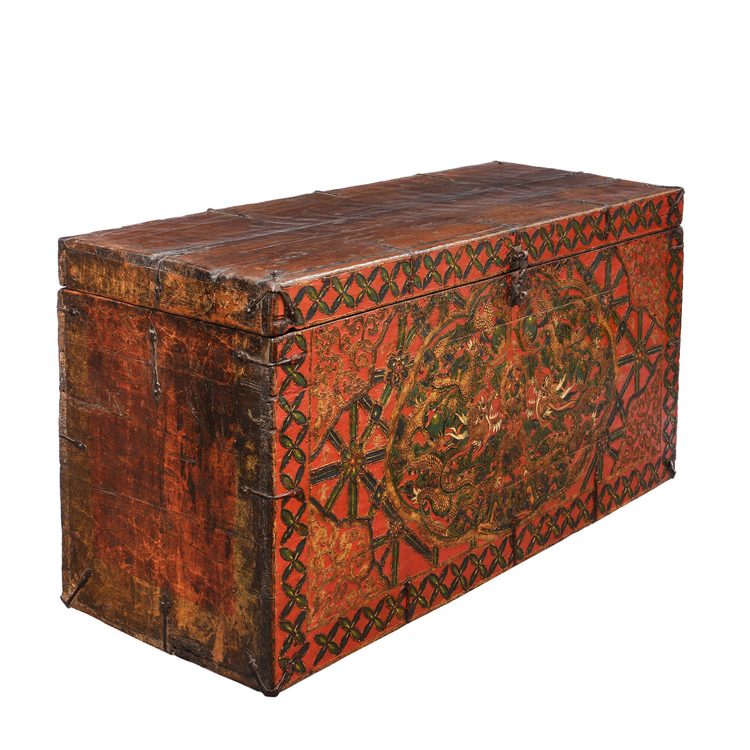 Angled View Of Antique Painted Tibetan 'Double Dragon' Storage Chest - 17thC | Indigo Antiques