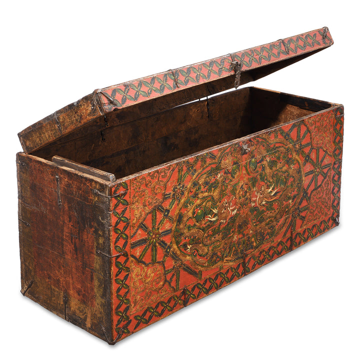 Open Lid View From Antique Painted Tibetan 'Double Dragon' Storage Chest - 17thC | Indigo Antiques