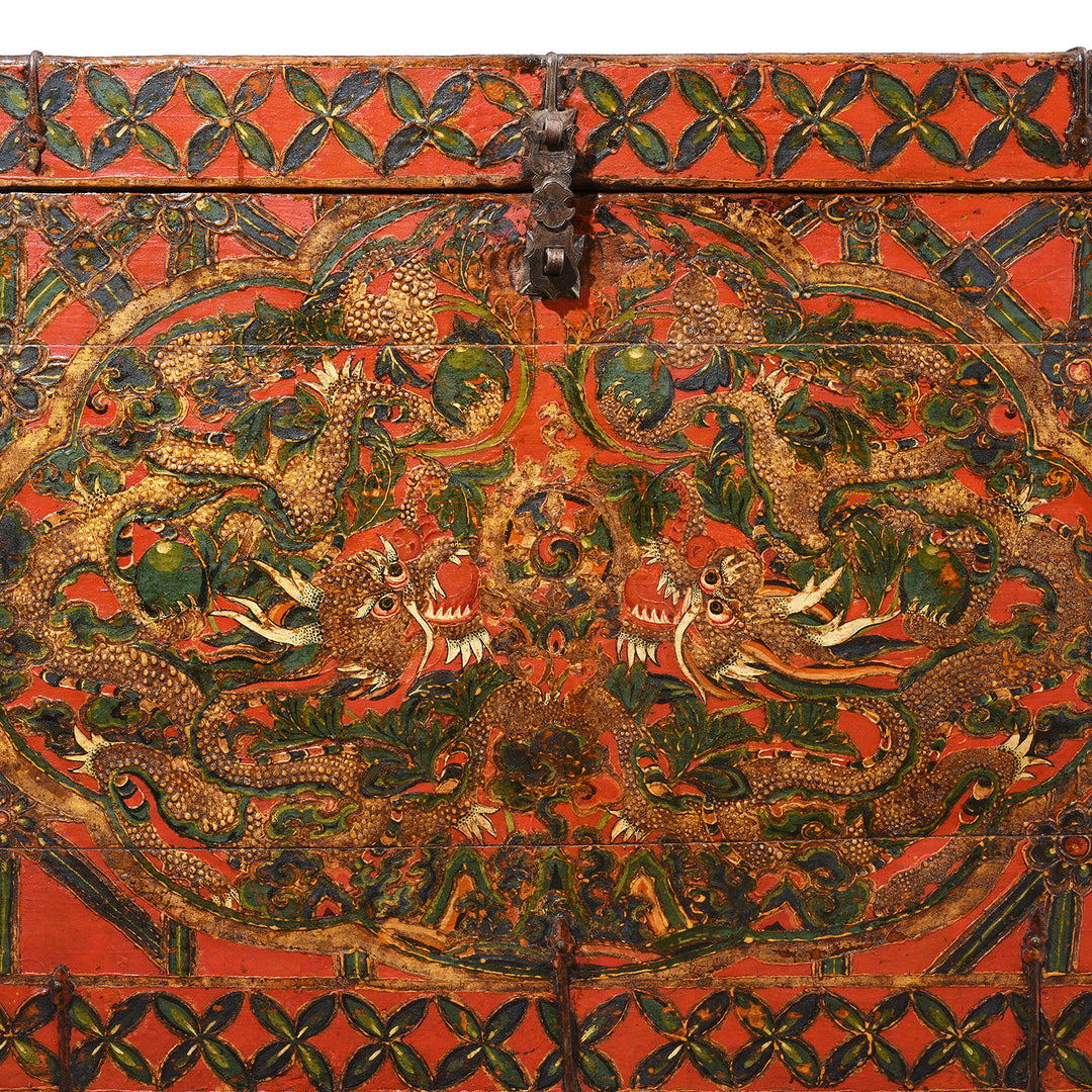 Dragon Detail From Antique Painted Tibetan 'Double Dragon' Storage Chest - 17thC | Indigo Antiques