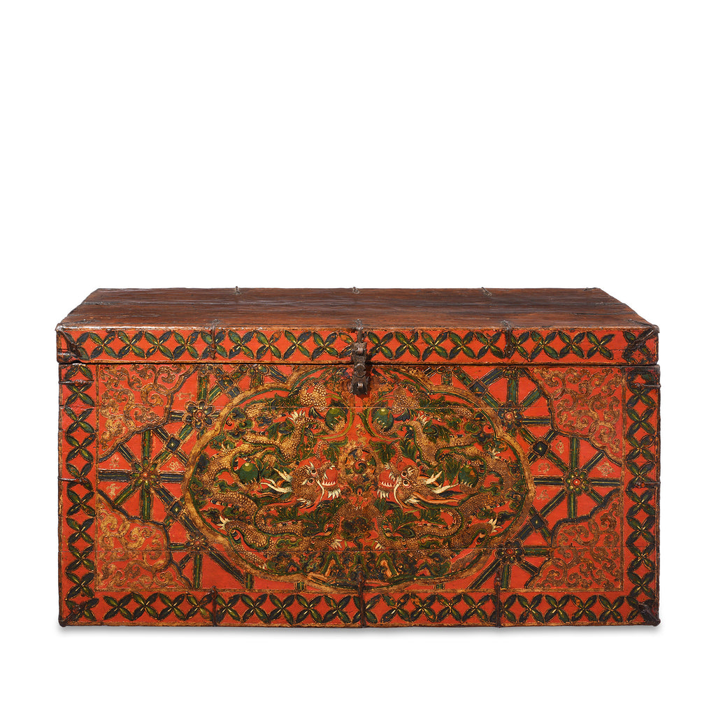 Painted Tibetan 'Double Dragon' Chest From Central Tibet - 17thC