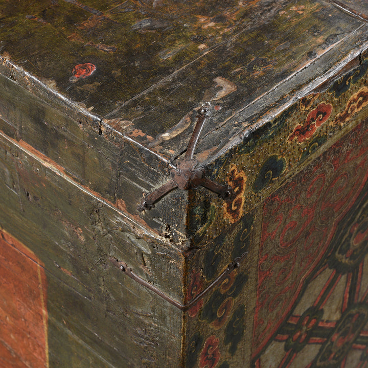 Corner Binding Detail From Antique Painted Tibetan 'Dragon' Storage Chest - 18thC | Indigo Antiques