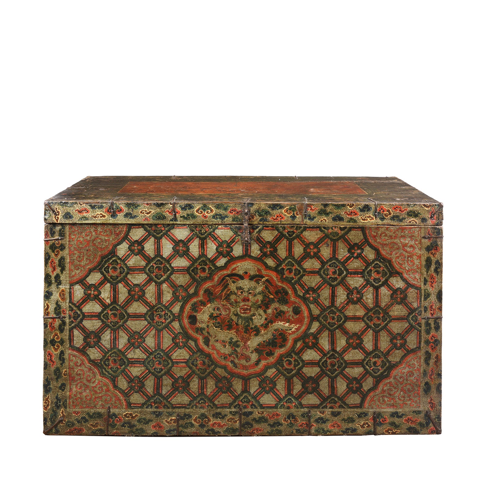 Large Painted Tibetan Dragon Storage Chest - 18thC Large Painted Tibetan Dragon Storage Chest - 18thC