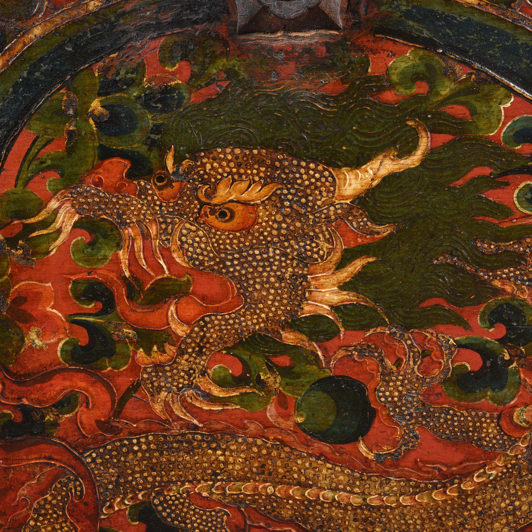 Detail Of Dragon Head From Painted Tibetan 'Dragon' Storage Chest - 18thC | Indigo Antiques