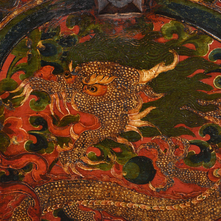 Detail Of Dragon Head From Painted Tibetan 'Dragon' Storage Chest - 18thC | Indigo Antiques