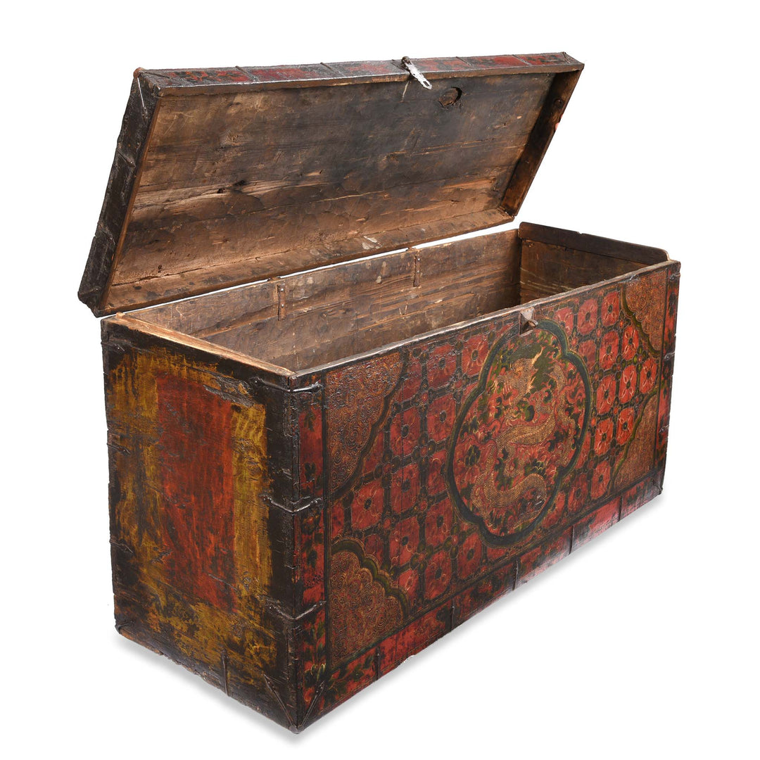 Open View Of Painted Tibetan 'Dragon' Storage Chest - 18thC | Indigo Antiques