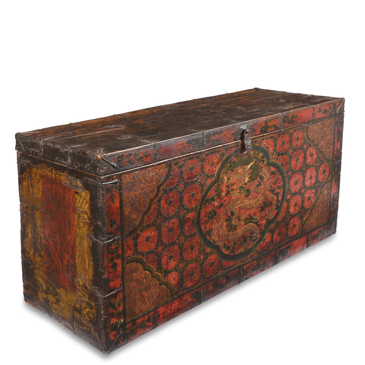 Angled View Of Painted Tibetan 'Dragon' Storage Chest - 18thC | Indigo Antiques