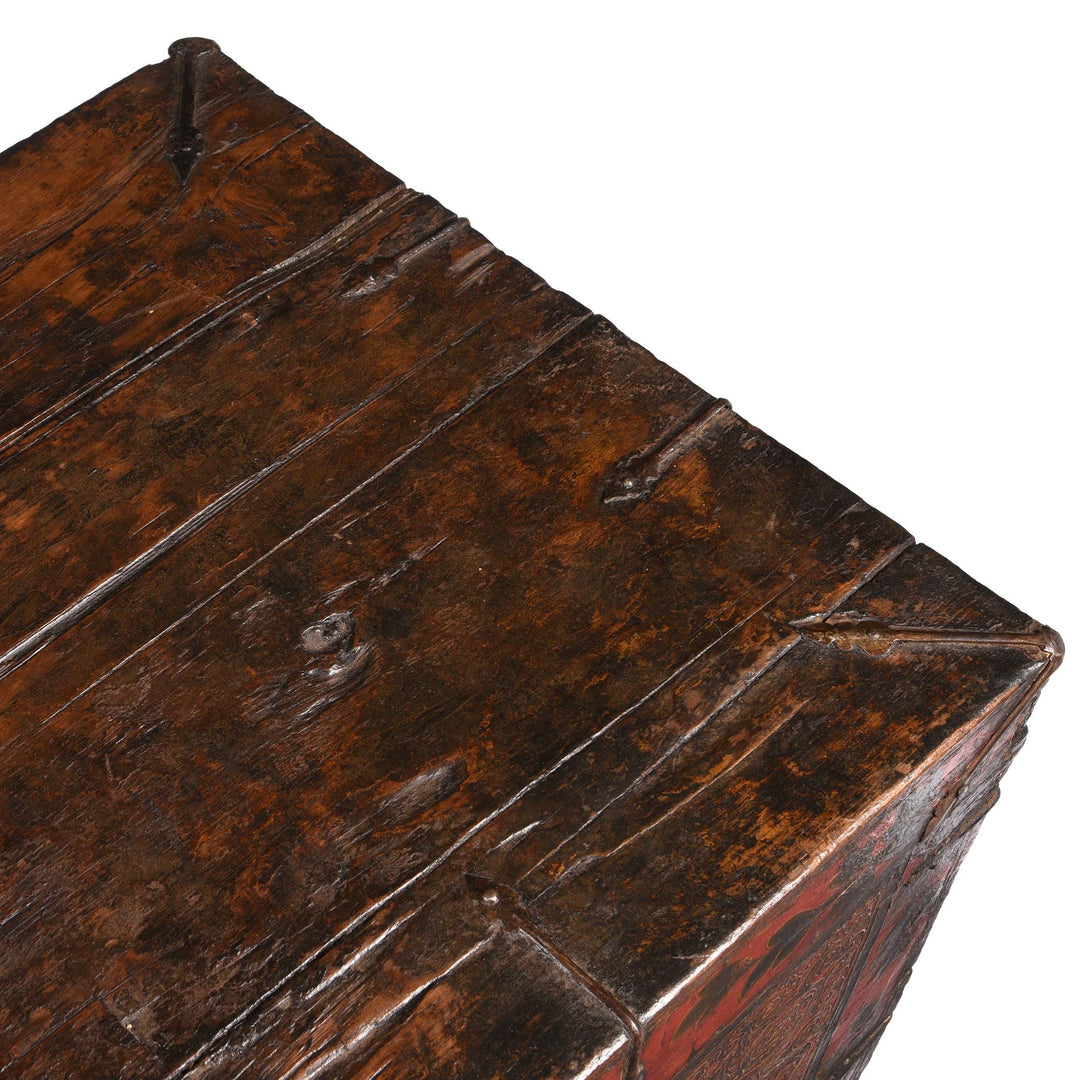 Top Corner Detail From Painted Tibetan 'Dragon' Storage Chest - 18thC | Indigo Antiques