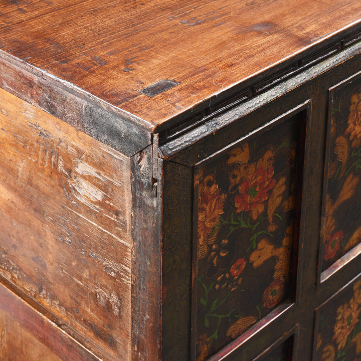 Corner Detail From Antique Painted Tibetan Altar Cabinet - 18th Century | Indigo Antiques