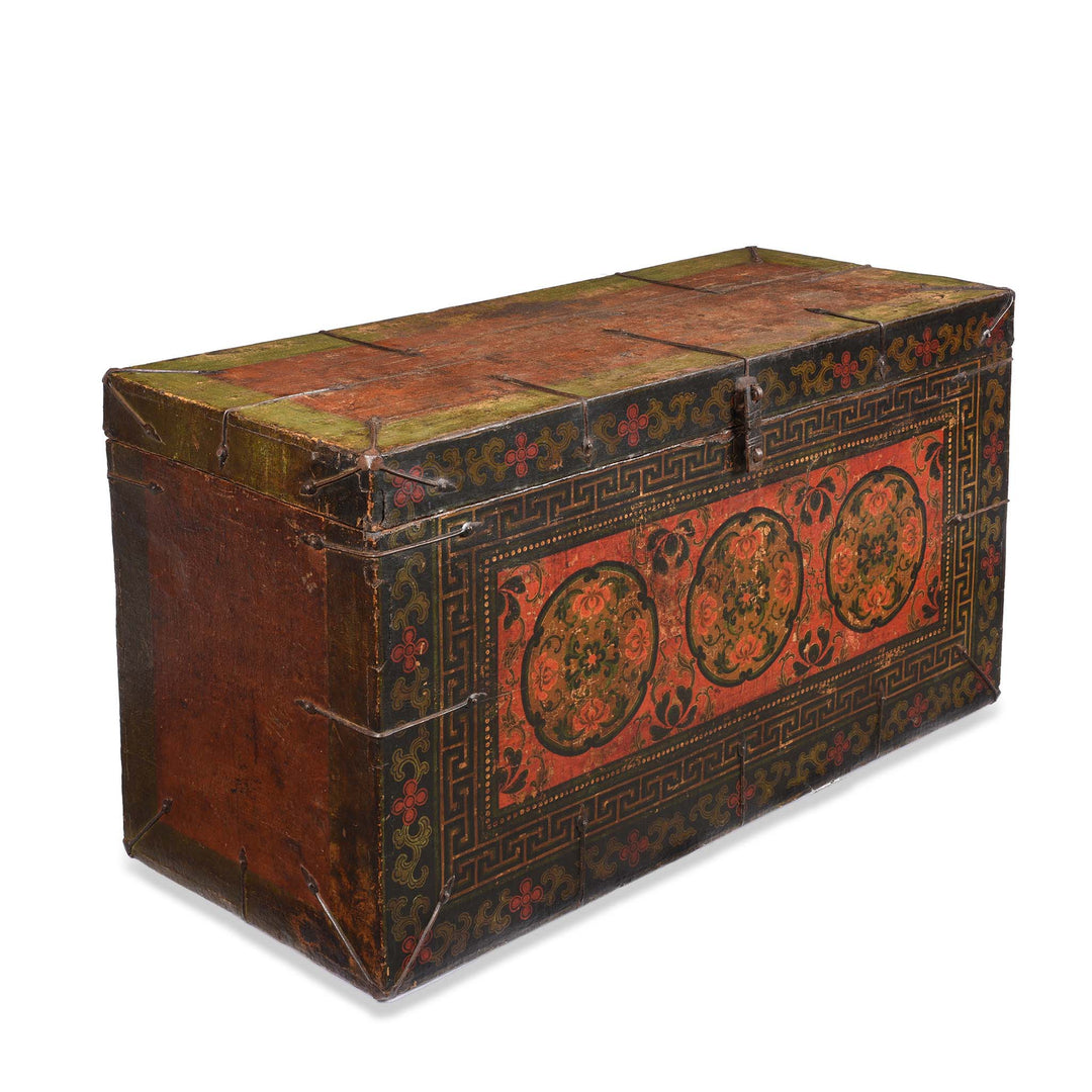 Angled View Of Painted Tibetan 'Floral' Storage Chest - 18thC | Indigo Antiques
