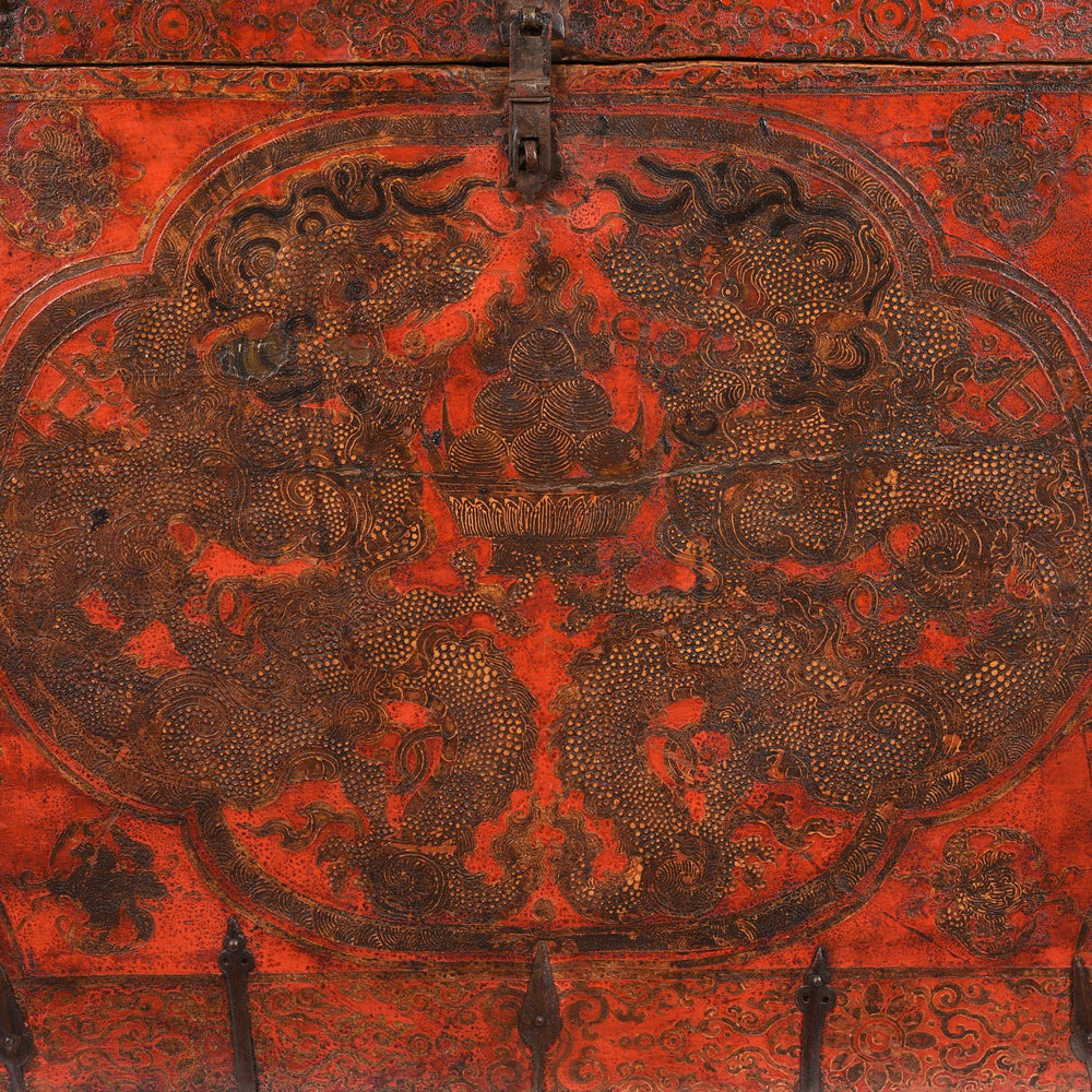 Dragons Detail From Painted Tibetan 'Double Dragon' Storage Chest - 17thC | Indigo Antiques