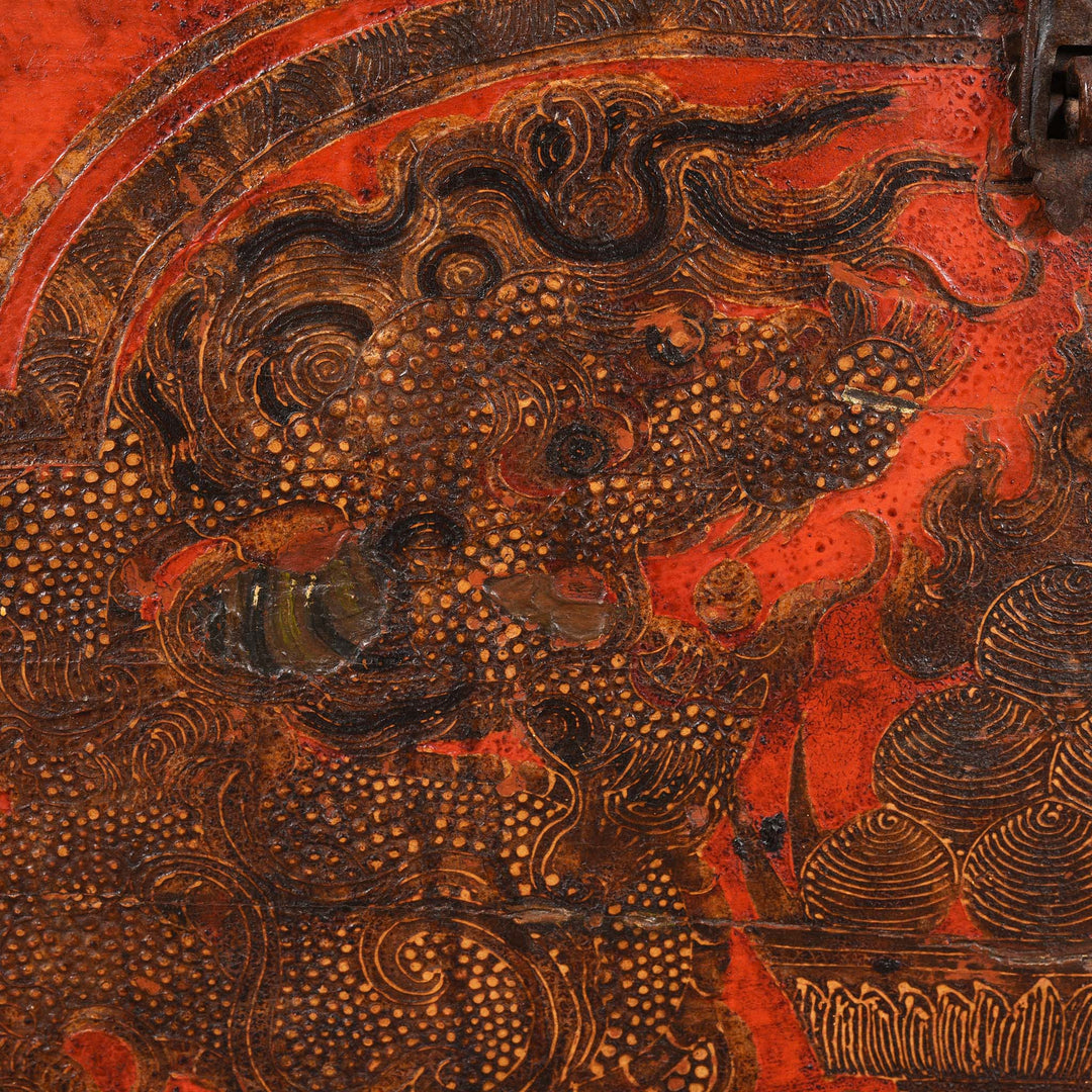 Dragon Face Detail From Painted Tibetan 'Double Dragon' Storage Chest - 17thC | Indigo Antiques