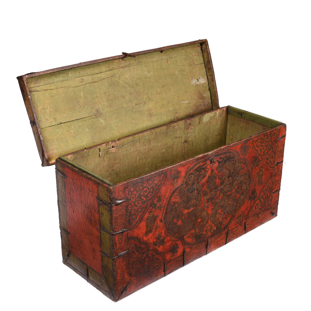 Open Lid View Of Painted Tibetan 'Double Dragon' Storage Chest - 17thC | Indigo Antiques