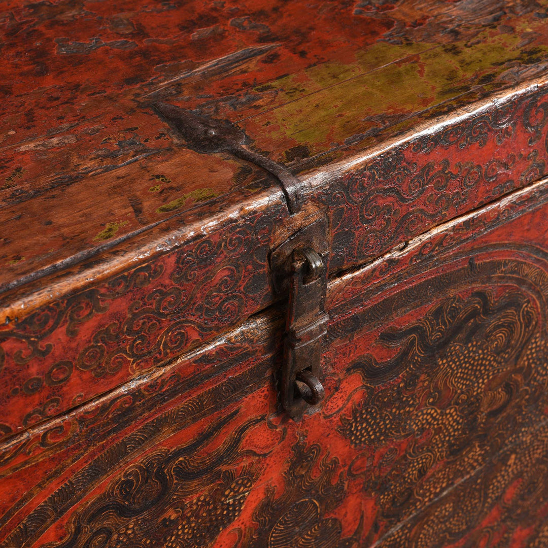Latch Detail From Painted Tibetan 'Double Dragon' Storage Chest - 17thC | Indigo Antiques