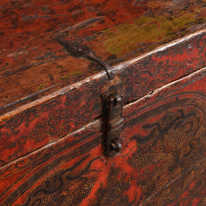 Latch Detail From Painted Tibetan 'Double Dragon' Storage Chest - 17thC | Indigo Antiques