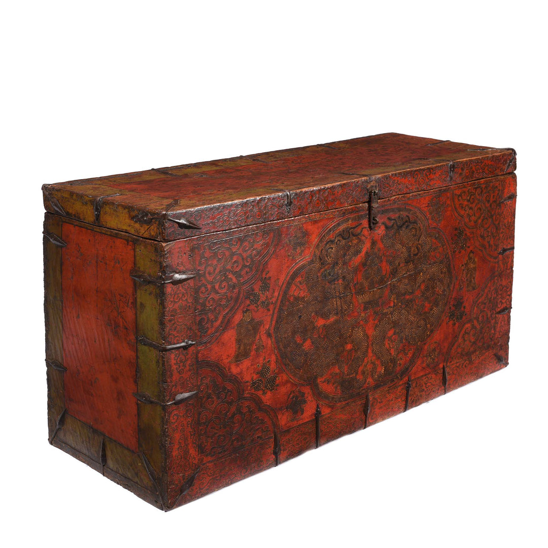 Angled View Of Painted Tibetan 'Double Dragon' Storage Chest - 17thC | Indigo Antiques