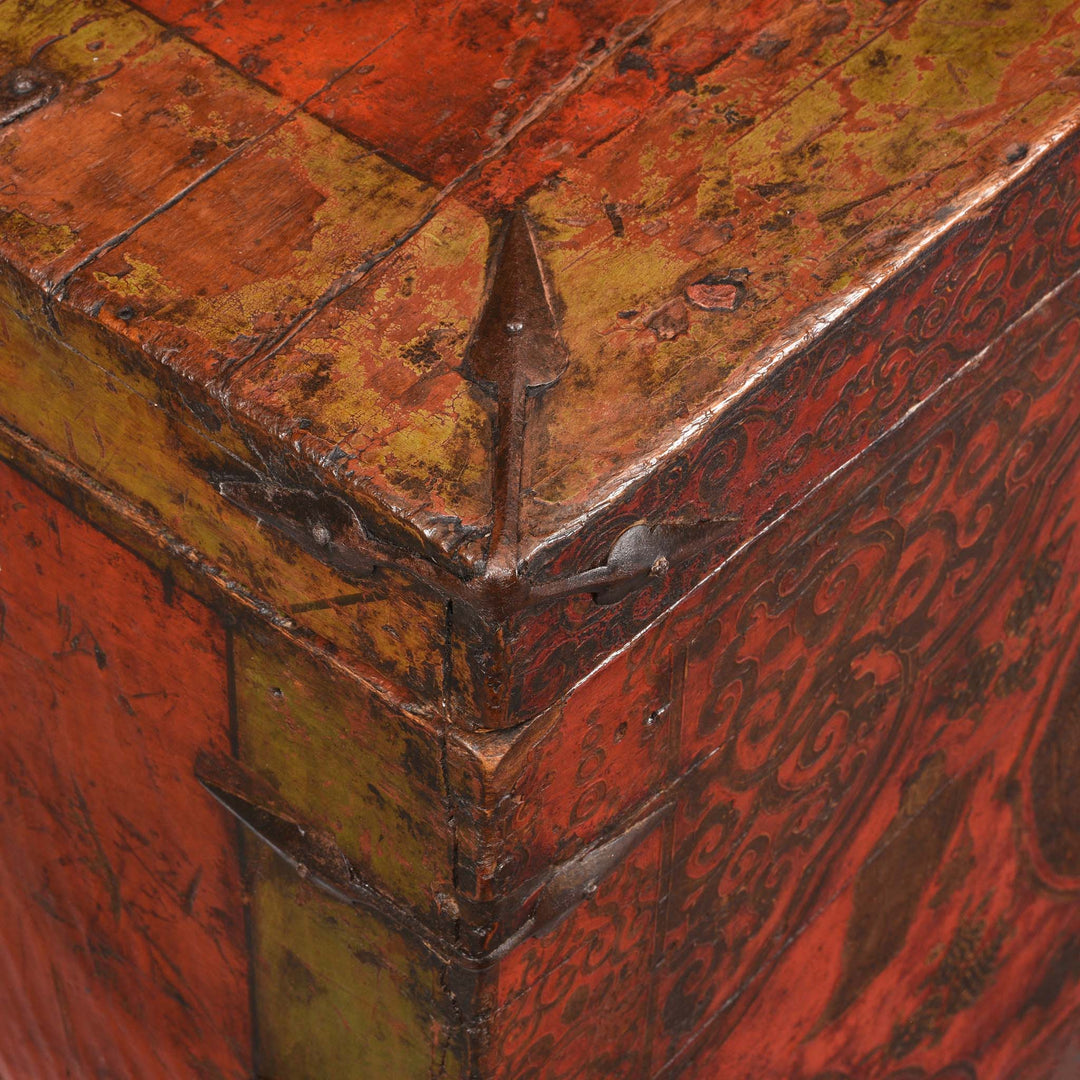 Corner Binding Detail From Painted Tibetan 'Double Dragon' Storage Chest - 17thC | Indigo Antiques