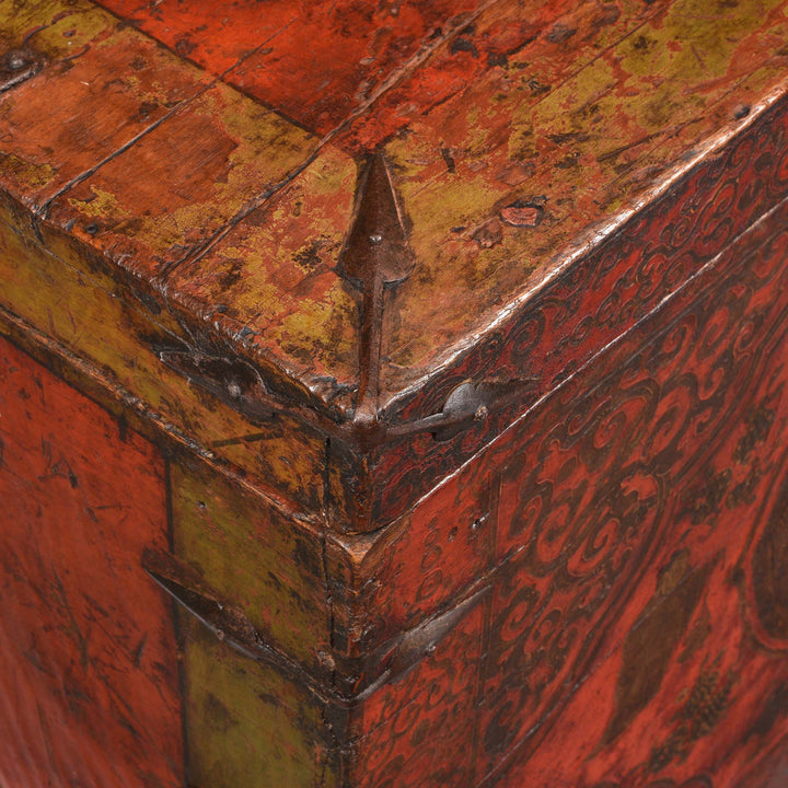 Corner Binding Detail From Painted Tibetan 'Double Dragon' Storage Chest - 17thC | Indigo Antiques