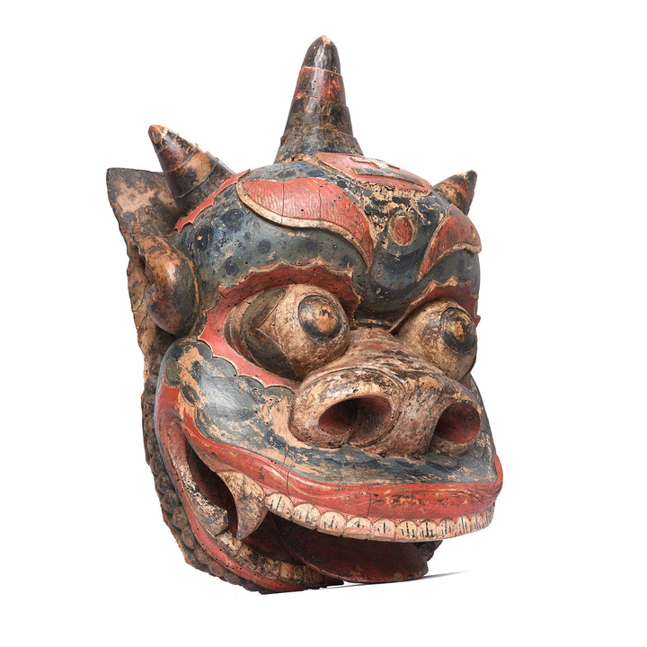 Angled View Of Polychrome Tiger/Lion Nuo Mask From Shanxi - 19thC | Indigo Antiques